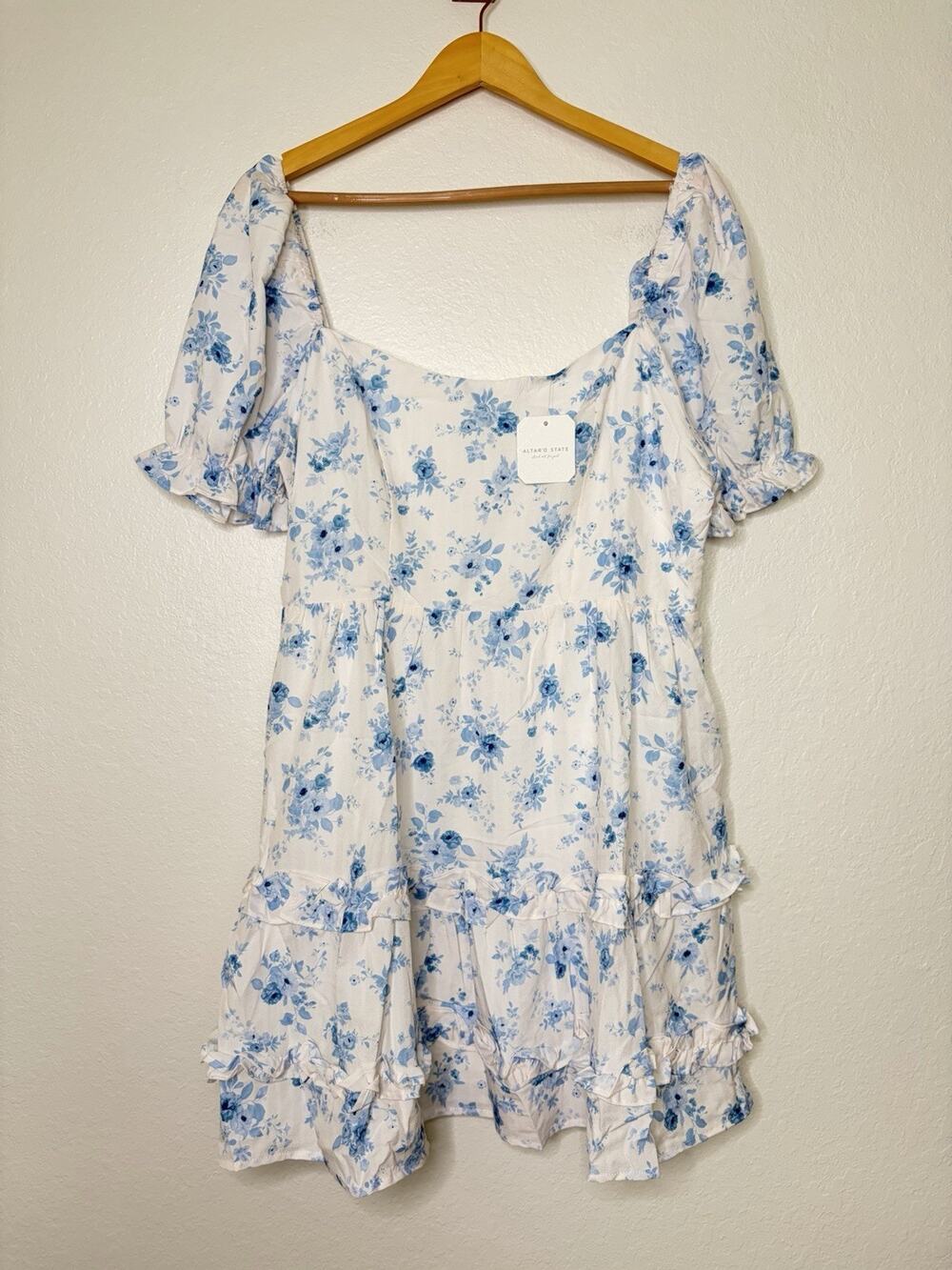 NWT Altar’d State Blue White Floral Square Neck Mini Dress Size XL Cottagecore